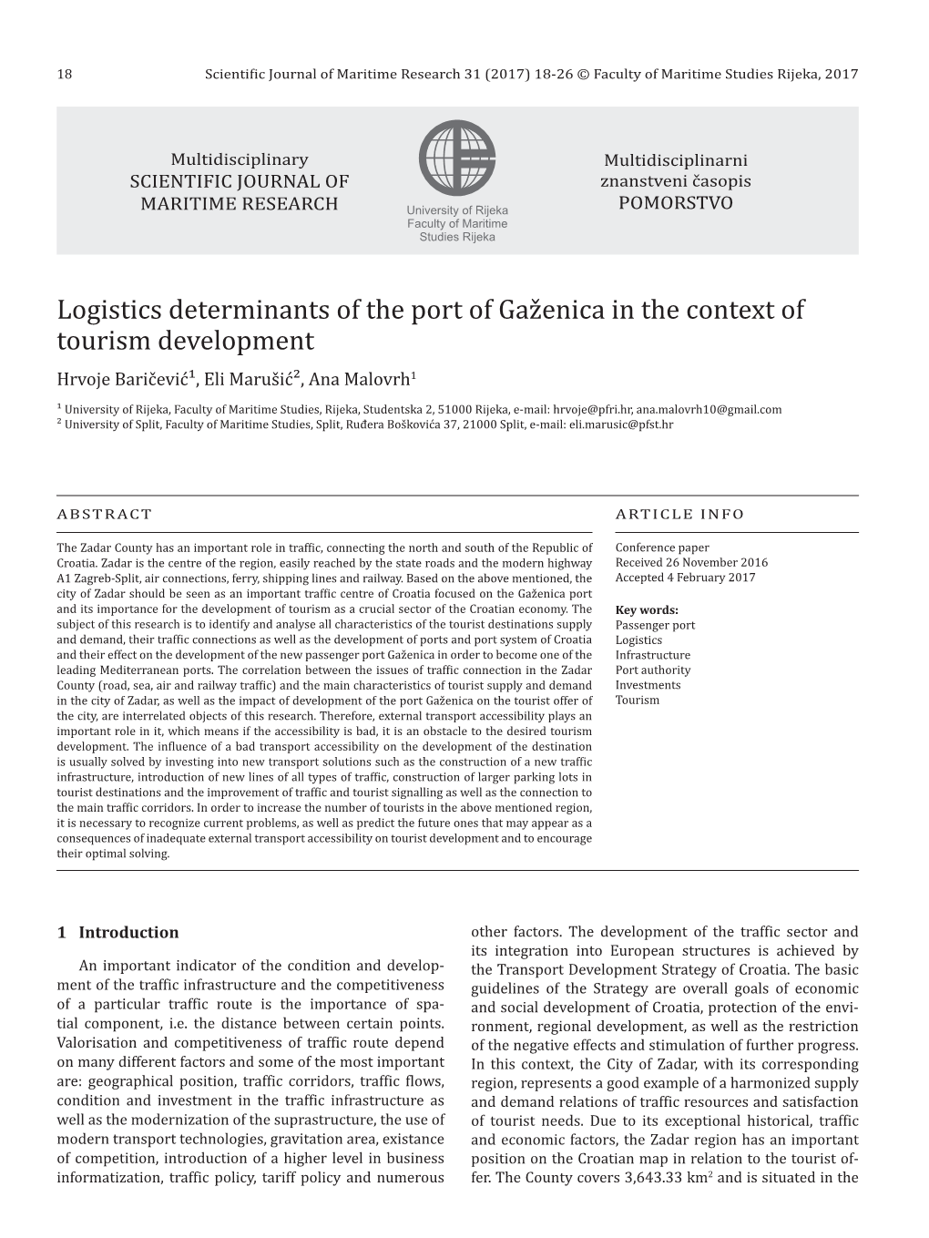 Logistics Determinants of the Port of Gaženica in the Context of Tourism Development