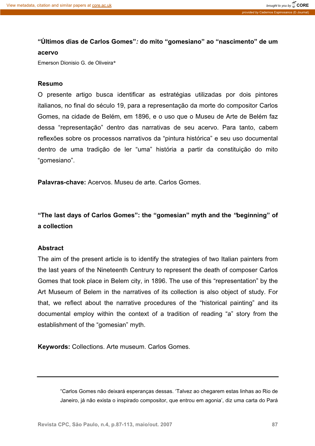 Últimos Dias De Carlos Gomes”: Do Mito “Gomesiano” Ao “Nascimento” De Um Acervo Emerson Dionisio G