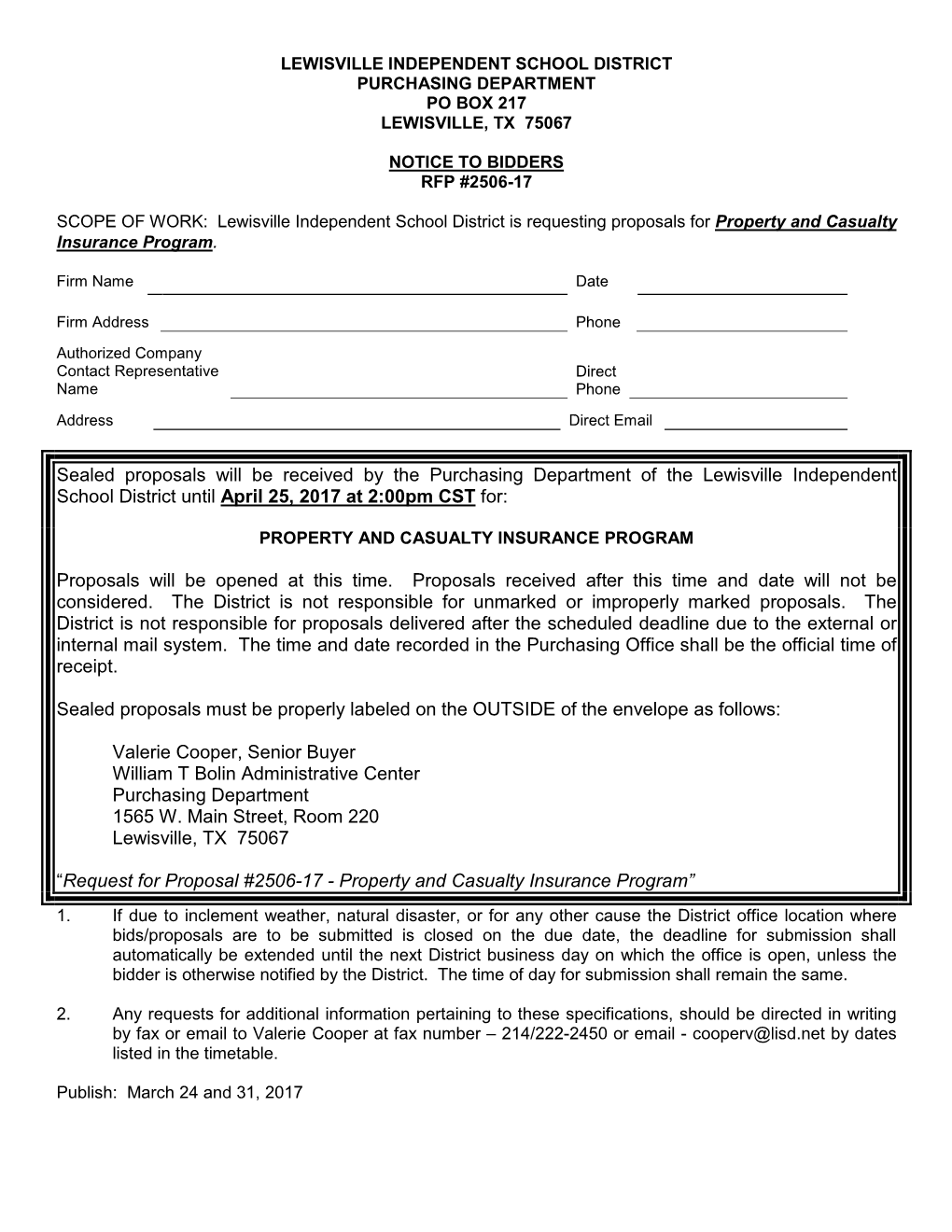 Lewisville Independent School District Purchasing Department Po Box 217 Lewisville, Tx 75067