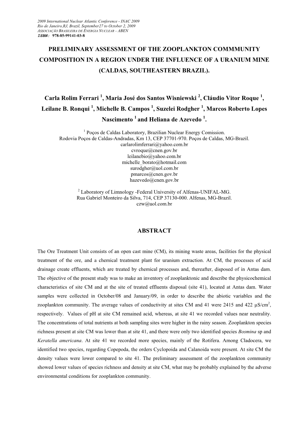 Preliminary Assessment of the Zooplankton Commmunity Composition in a Region Under the Influence of a Uranium Mine (Caldas, Southeastern Brazil)