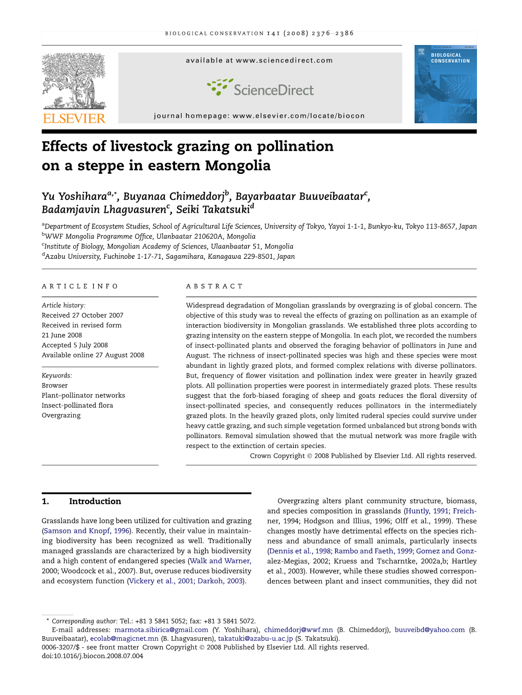 Effects of Livestock Grazing on Pollination on a Steppe in Eastern Mongolia