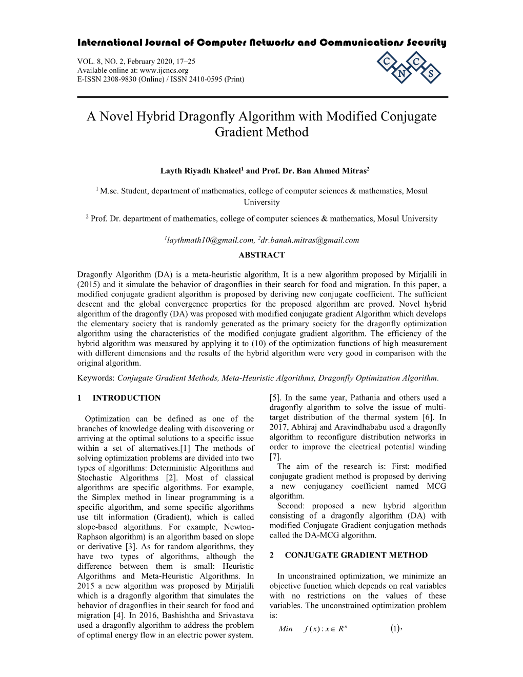 A Novel Hybrid Dragonfly Algorithm with Modified Conjugate Gradient Method