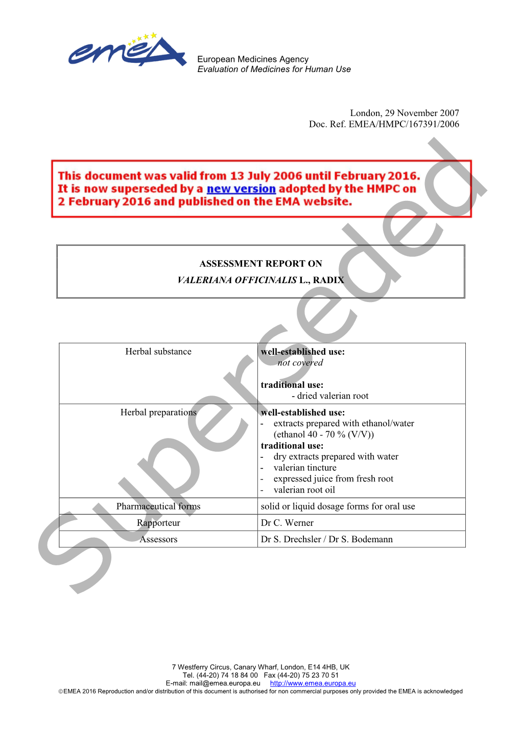 Assessment Report on Valeriana Officinalis L., Radix