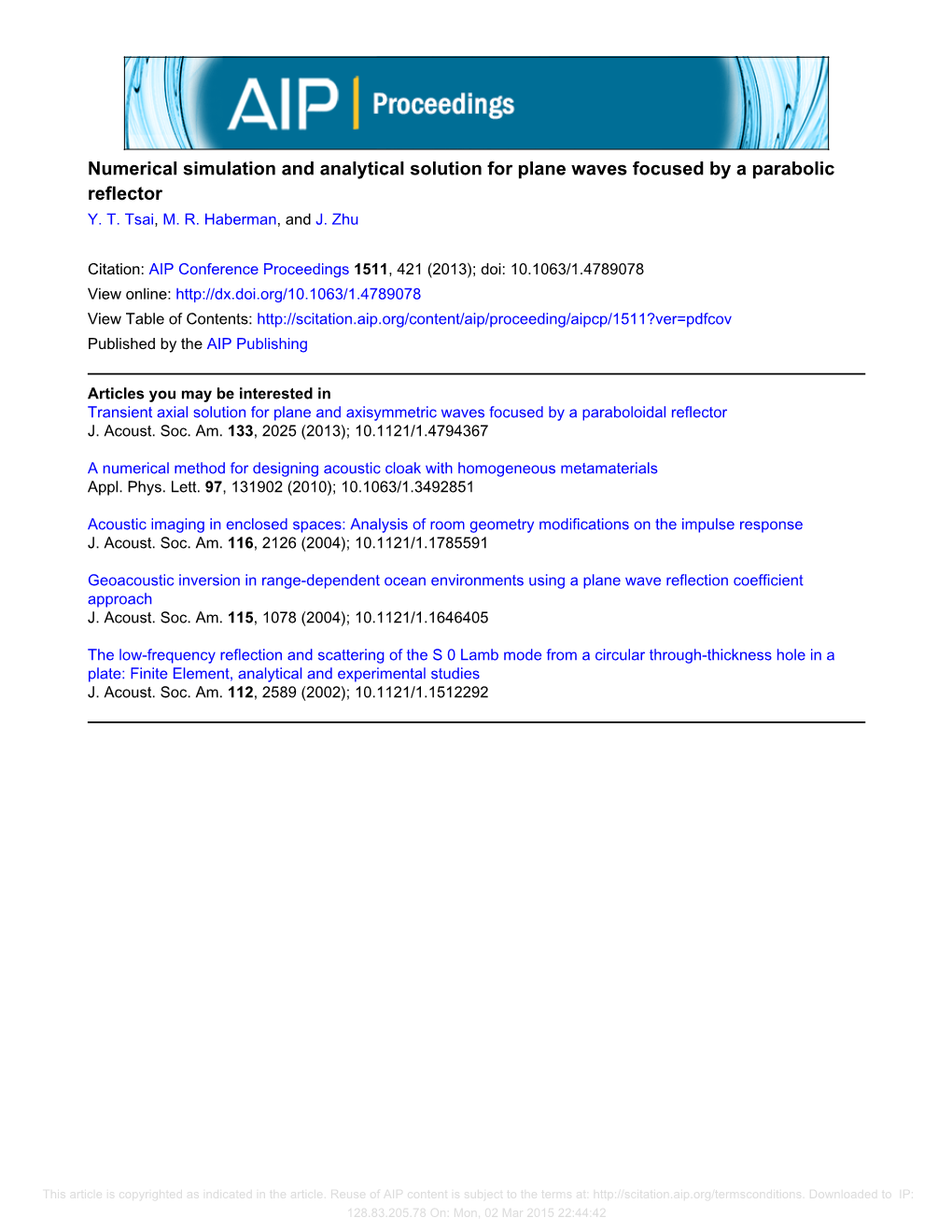 Numerical Simulation and Analytical Solution for Plane Waves Focused by a Parabolic Reflector Y