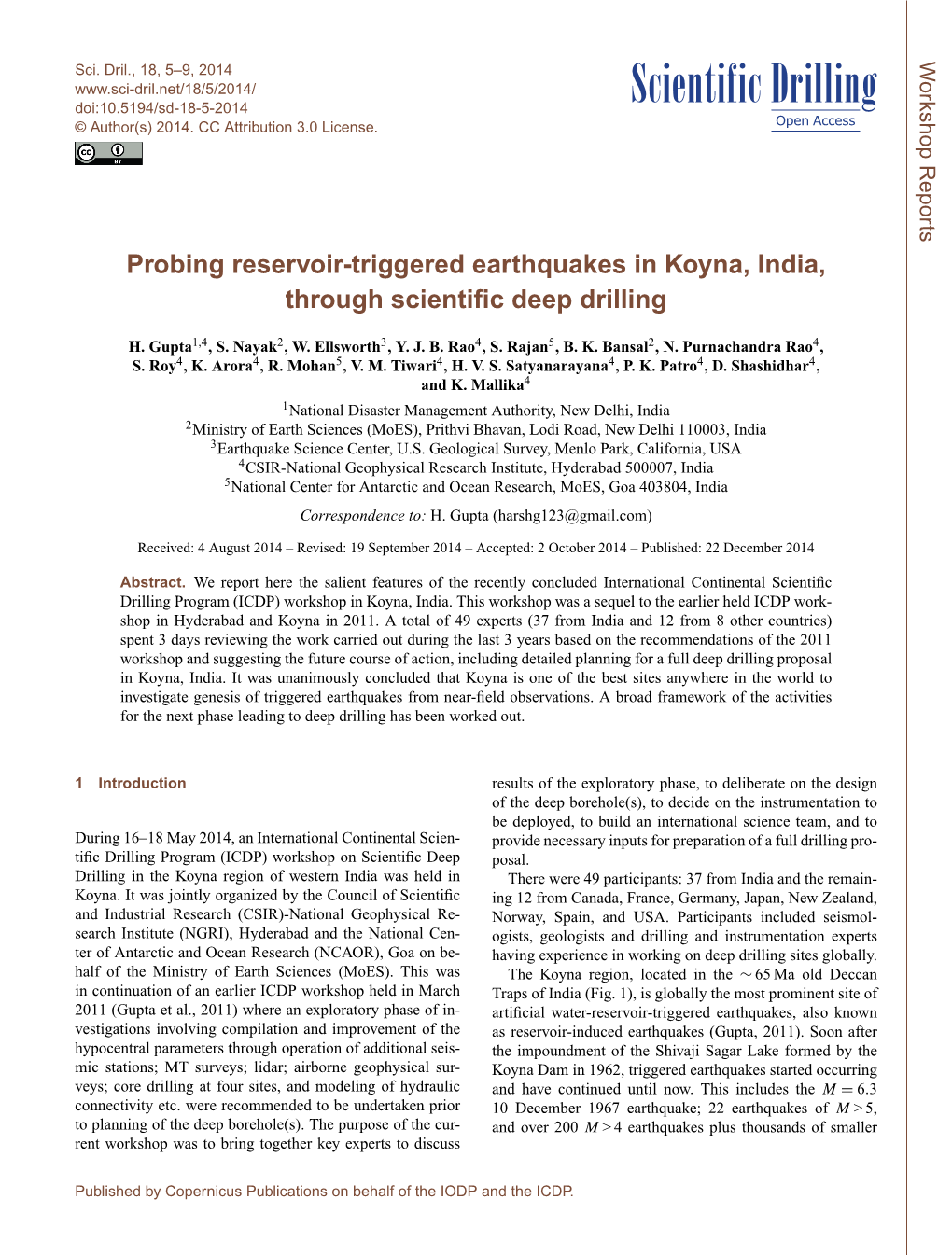 Probing Reservoir-Triggered Earthquakes in Koyna, India, Through Scientiﬁc Deep Drilling