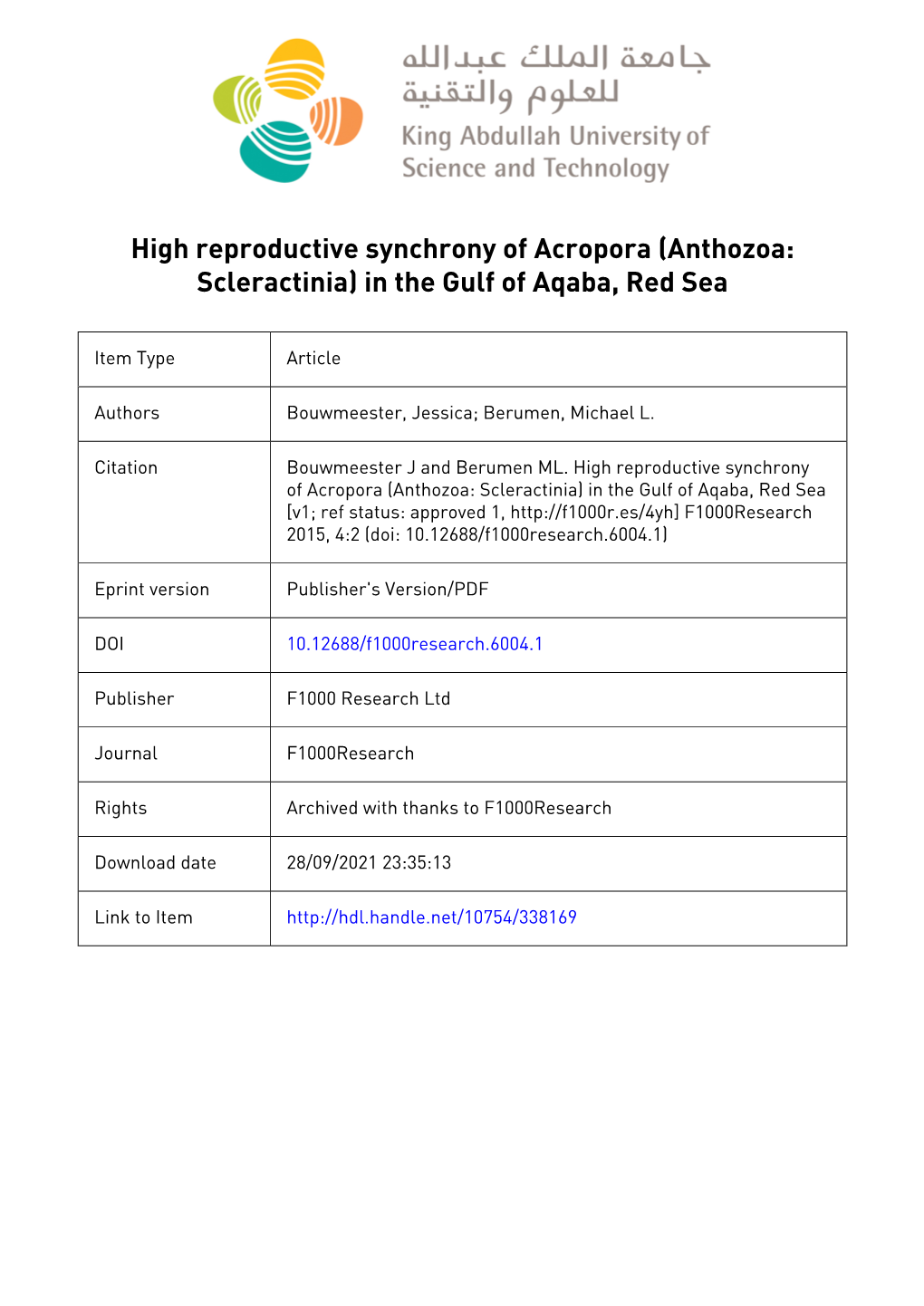 High Reproductive Synchrony of (Anthozoa: Acropora Scleractinia