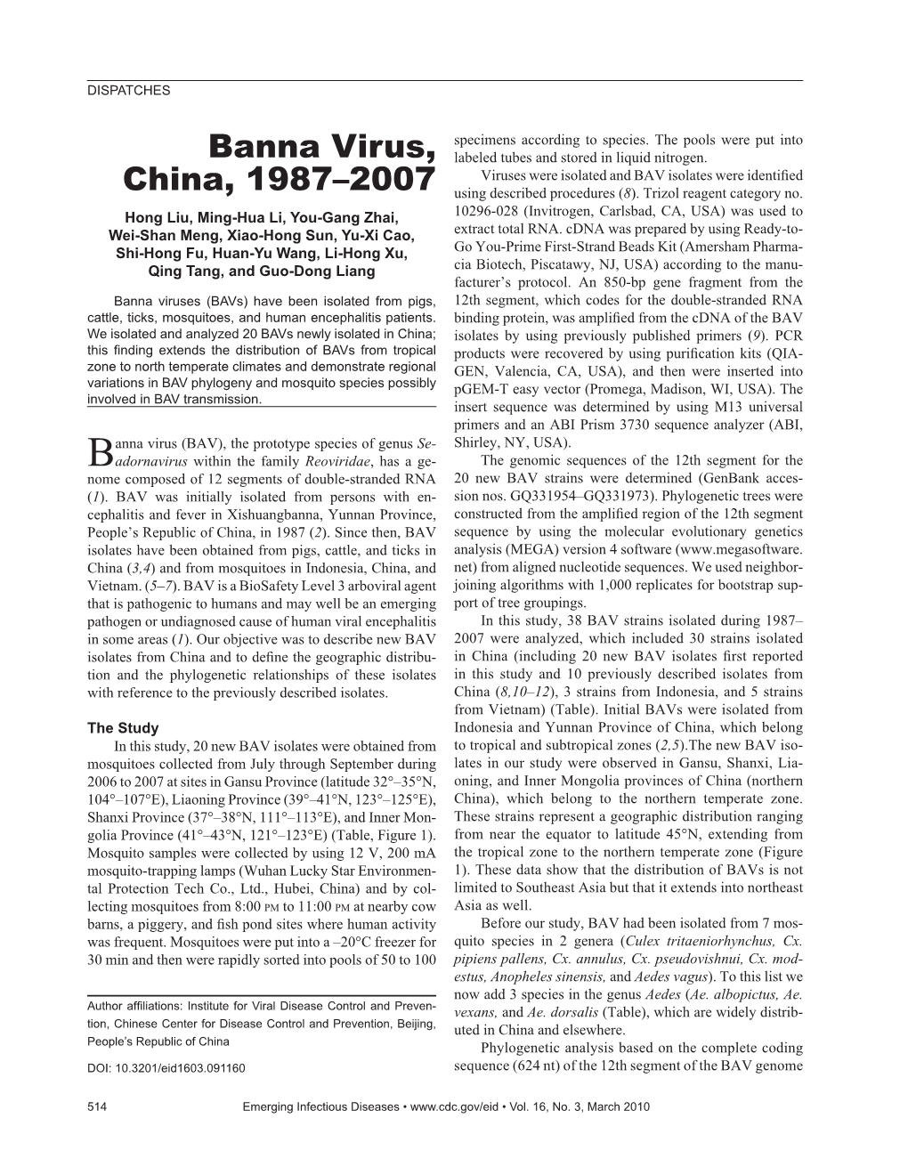 Banna Virus, China, 1987–2007