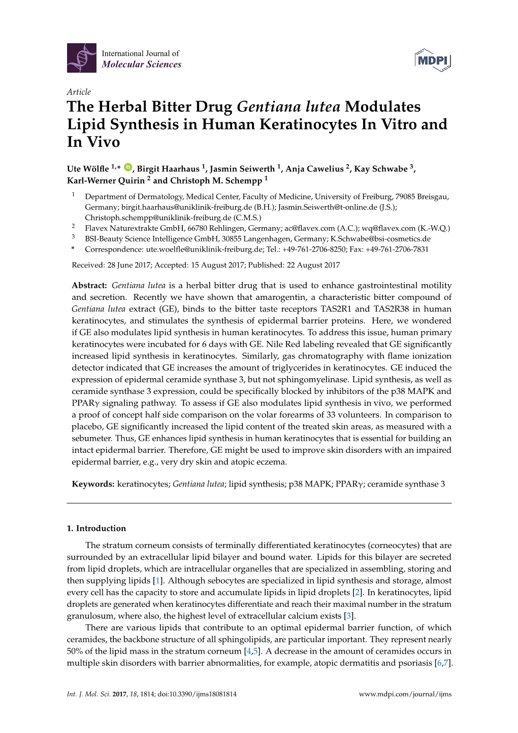 The Herbal Bitter Drug Gentiana Lutea Modulates Lipid Synthesis in Human Keratinocytes in Vitro and in Vivo