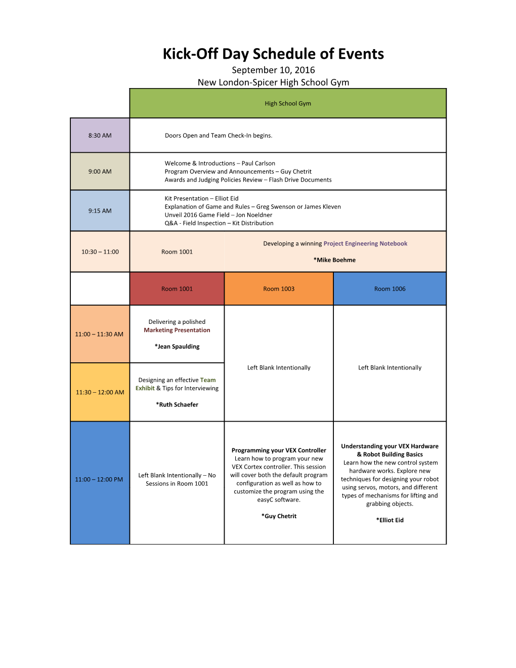 Kick-Off Day Schedule of Events