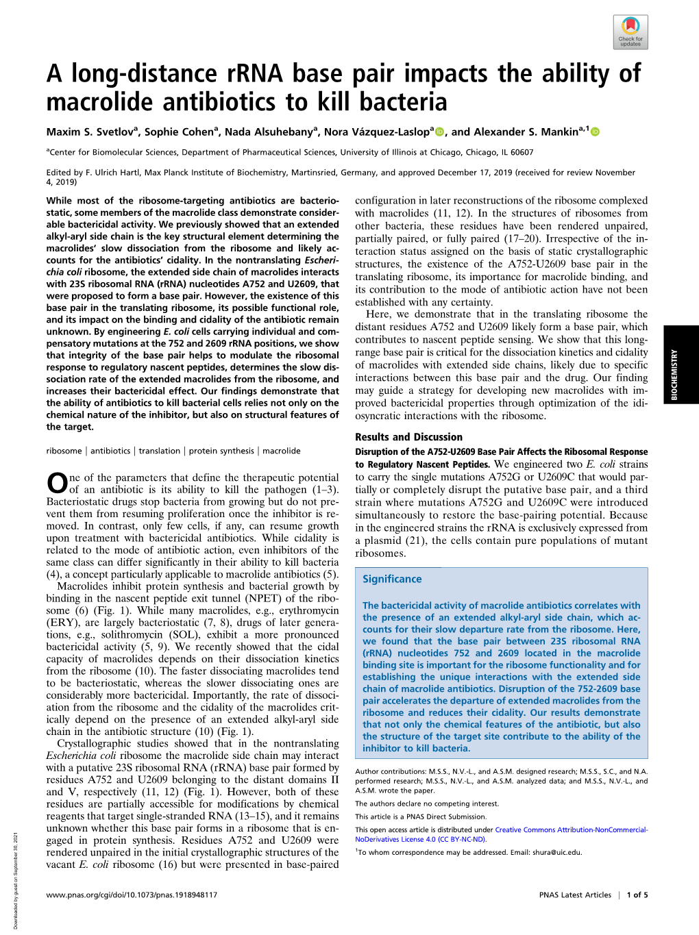 A Long-Distance Rrna Base Pair Impacts the Ability of Macrolide Antibiotics to Kill Bacteria