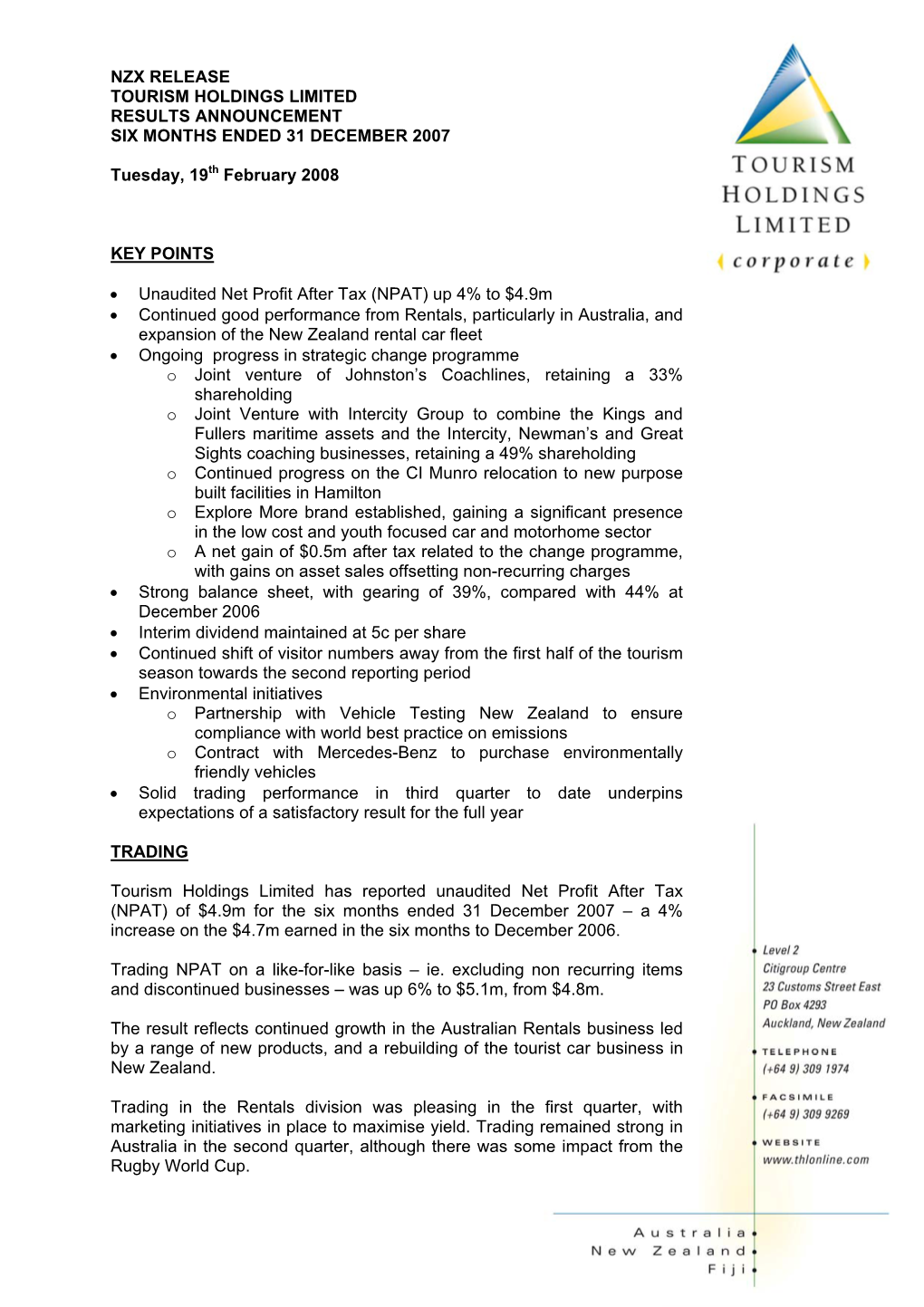 Tourism Holdings Results