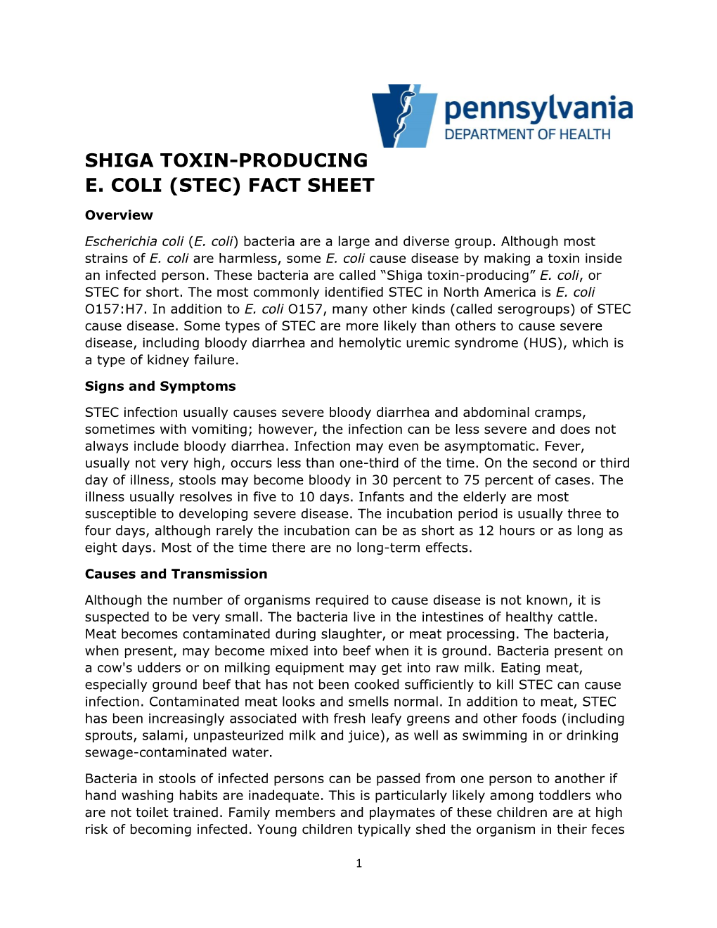 Shiga Toxin-Producing E. Coli (Stec) Fact Sheet