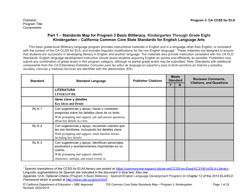 ELA Standards Map, Program 3 Kindergarten - Instructional Materials (CA Dept of Education)