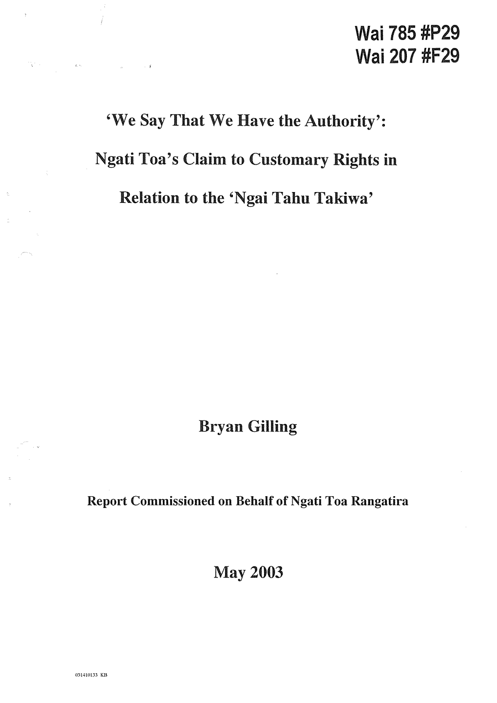 Report Commissioned on Behalf of Ngati Toa Rangatira Table of Contents