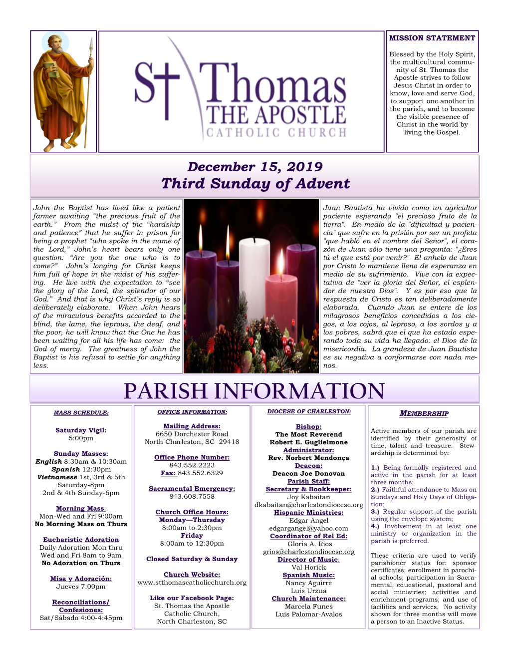 Parish Information Mass Schedule: Office Information: Diocese of Charleston: Membership