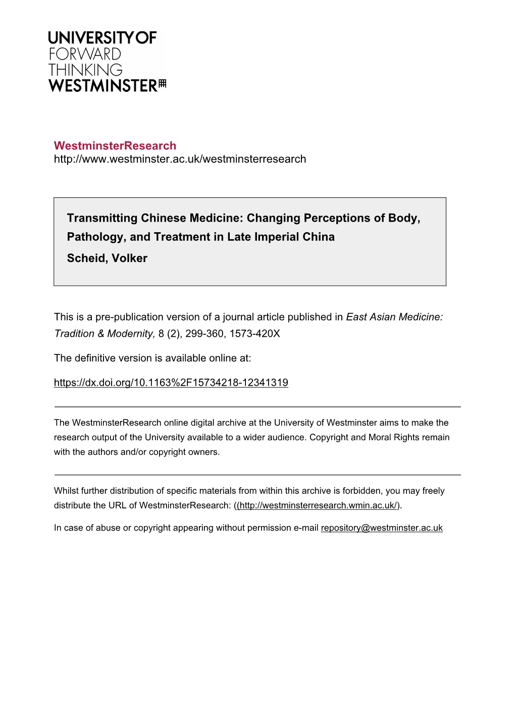 Westminsterresearch Transmitting Chinese Medicine