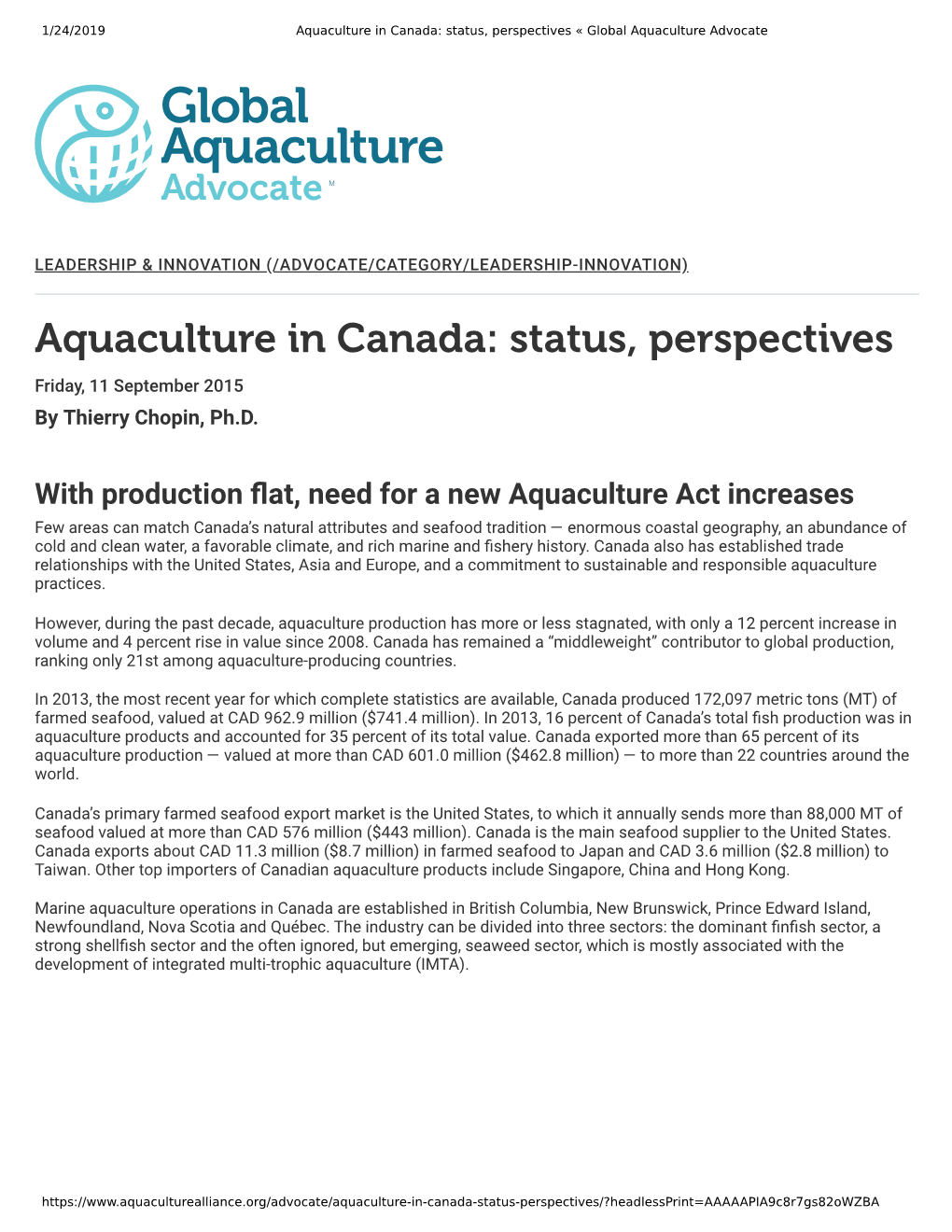 Aquaculture in Canada: Status, Perspectives « Global Aquaculture Advocate