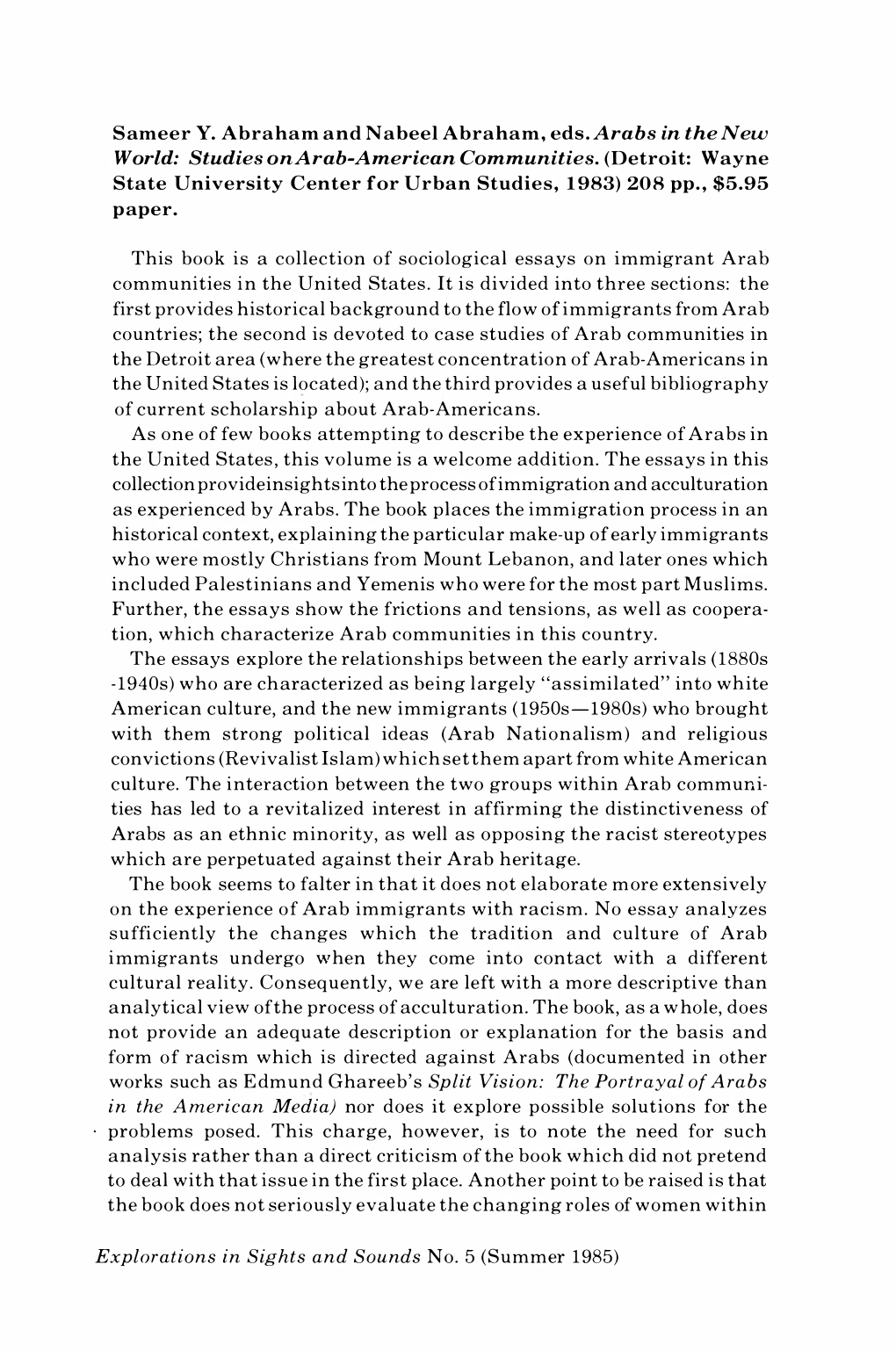 [Review Of] Sameer Y. Abraham and Nabeel Abraham, Eds. Arabs in The