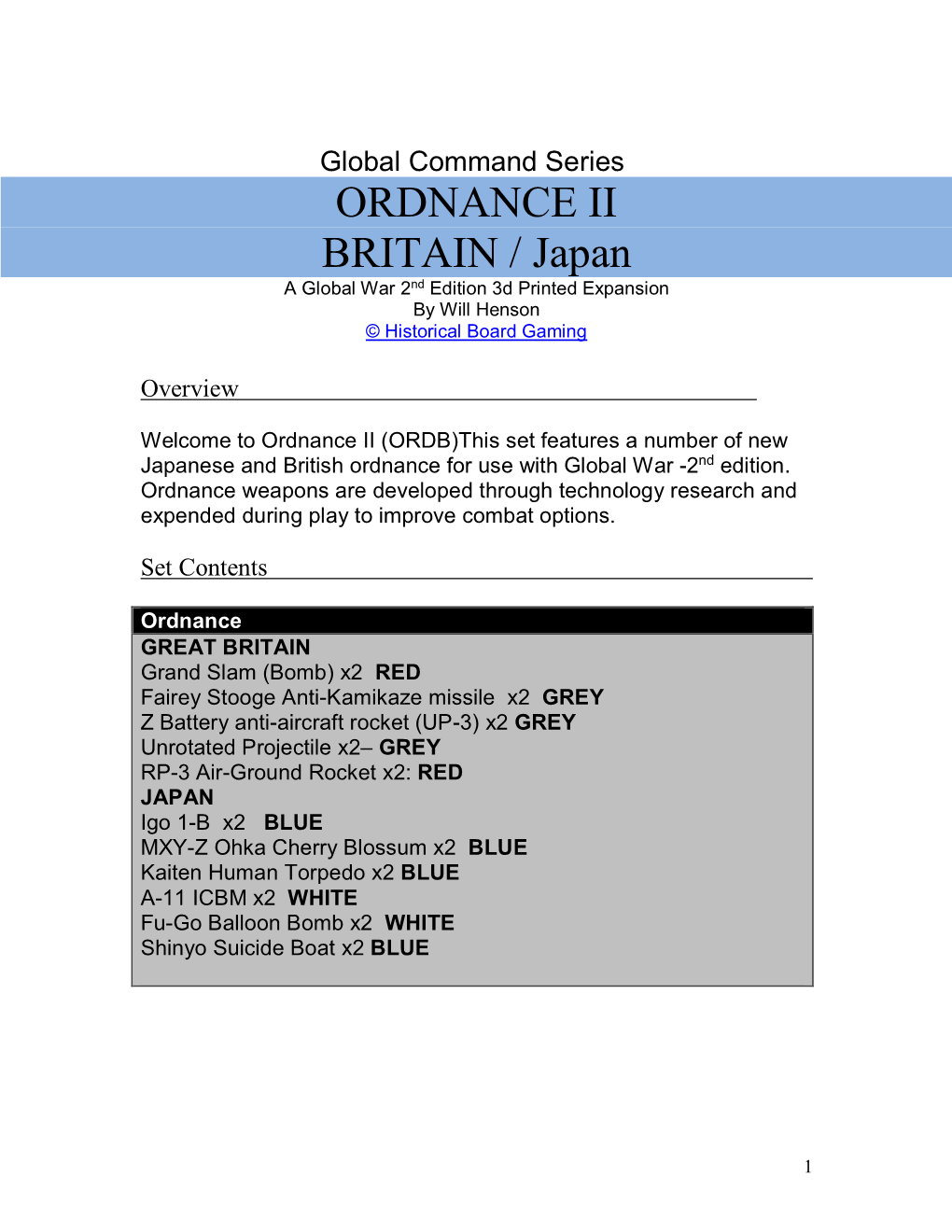 ORDNANCE II BRITAIN / Japan a Global War 2Nd Edition 3D Printed Expansion by Will Henson © Historical Board Gaming