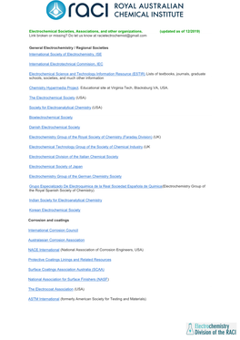 Electrochemical Societies, Associations, and Other Organizations. (Updated As of 12/2019) Link Broken Or Missing? Do Let Us Know at Racielectrochemist@Gmail.Com