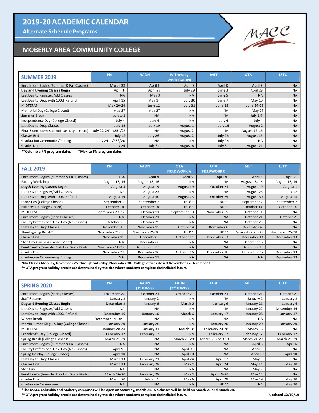 2019-20 ACADEMIC CALENDAR Alternate Schedule Programs