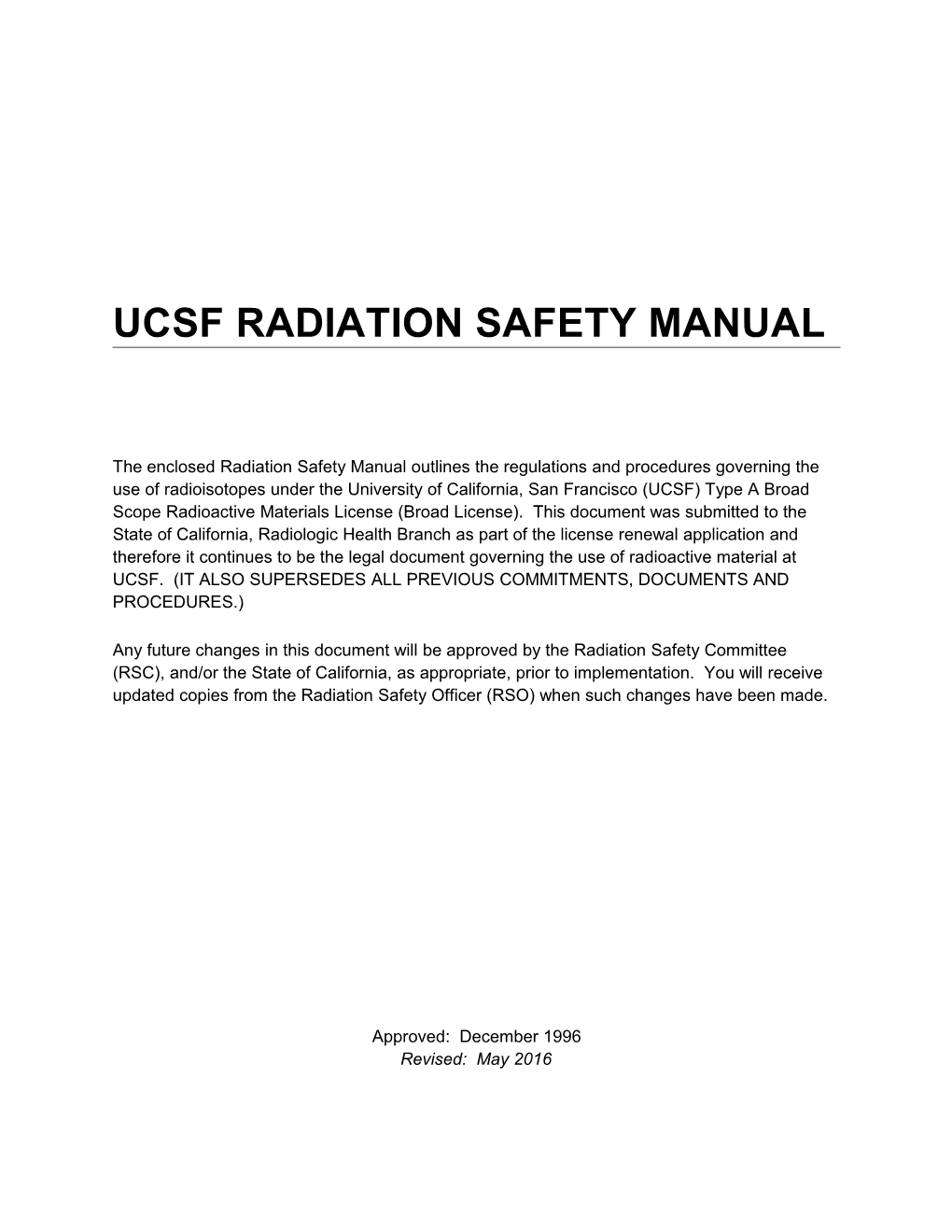Ucsf Radiation Safety Manual