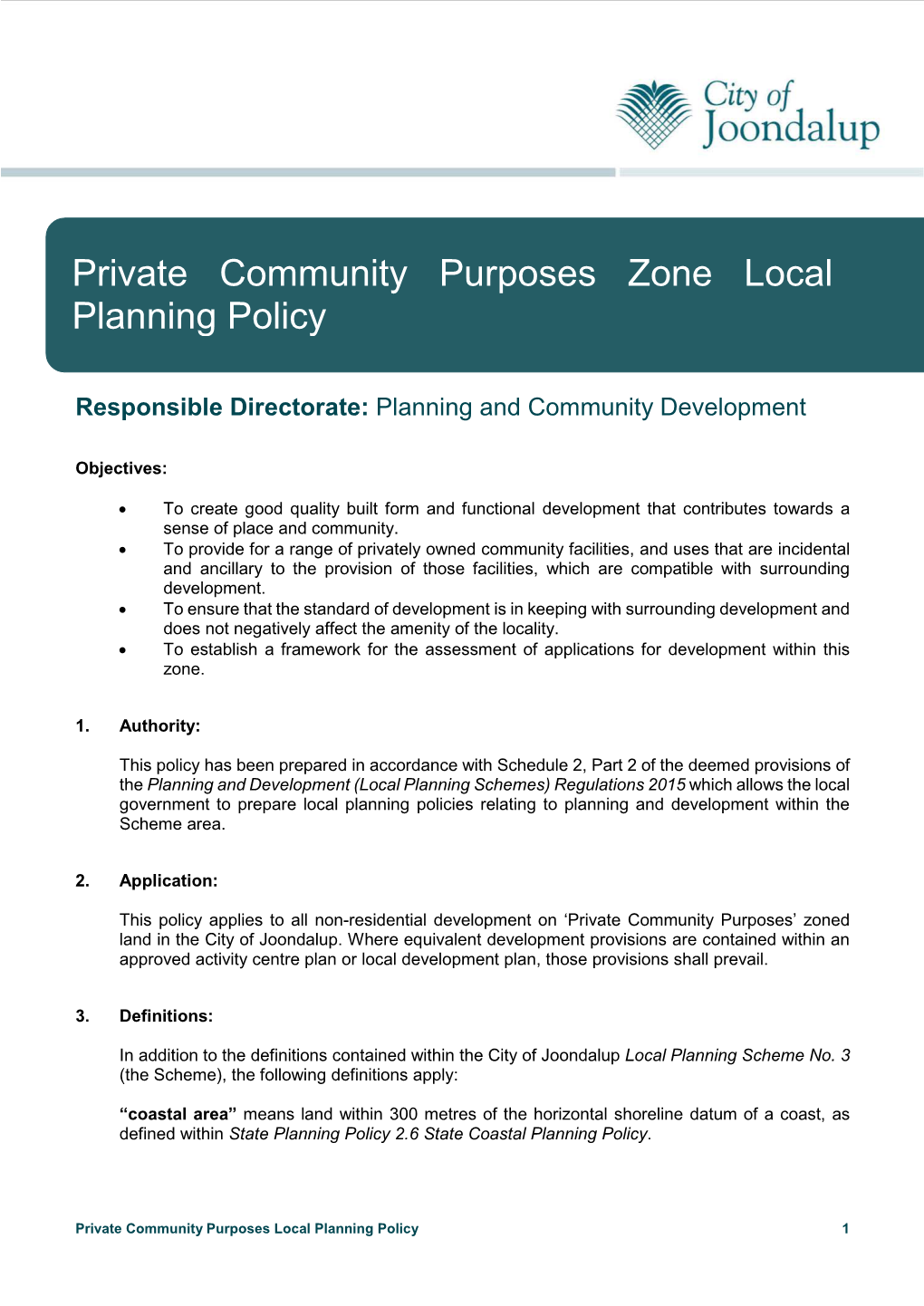 Private Community Purposes Zone Local Planning Policy