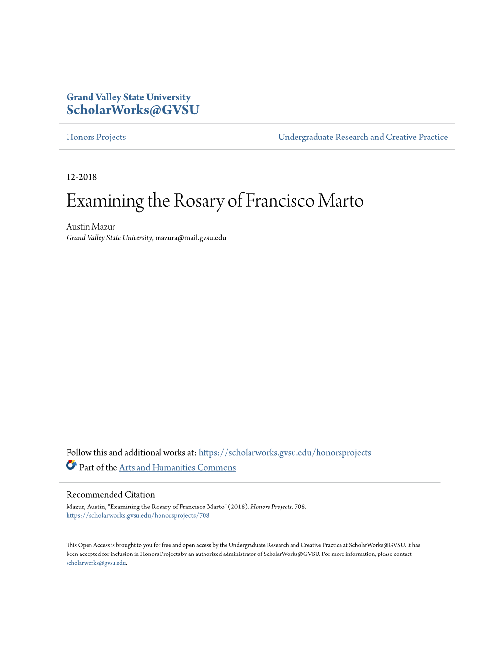 Examining the Rosary of Francisco Marto Austin Mazur Grand Valley State University, Mazura@Mail.Gvsu.Edu