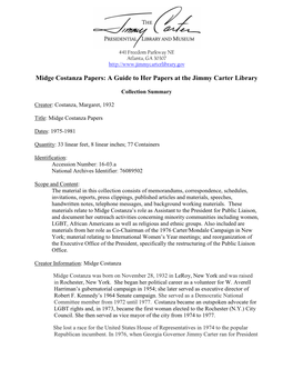 Midge Costanza Papers: a Guide to Her Papers at the Jimmy Carter Library