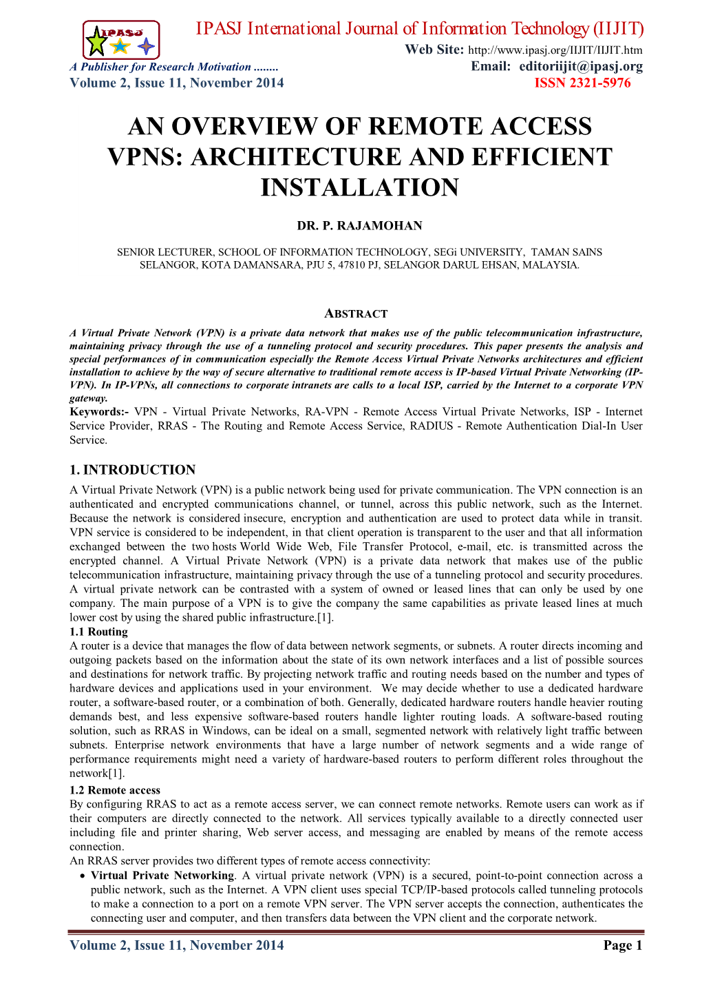 An Overview of Remote Access Vpns: Architecture and Efficient Installation