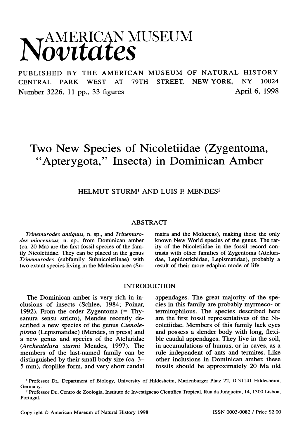 Novttates PUBLISHED by the AMERICAN MUSEUM of NATURAL HISTORY CENTRAL PARK WEST at 79TH STREET, NEW YORK, NY 10024 Number 3226, 11 Pp., 33 Figures April 6, 1998