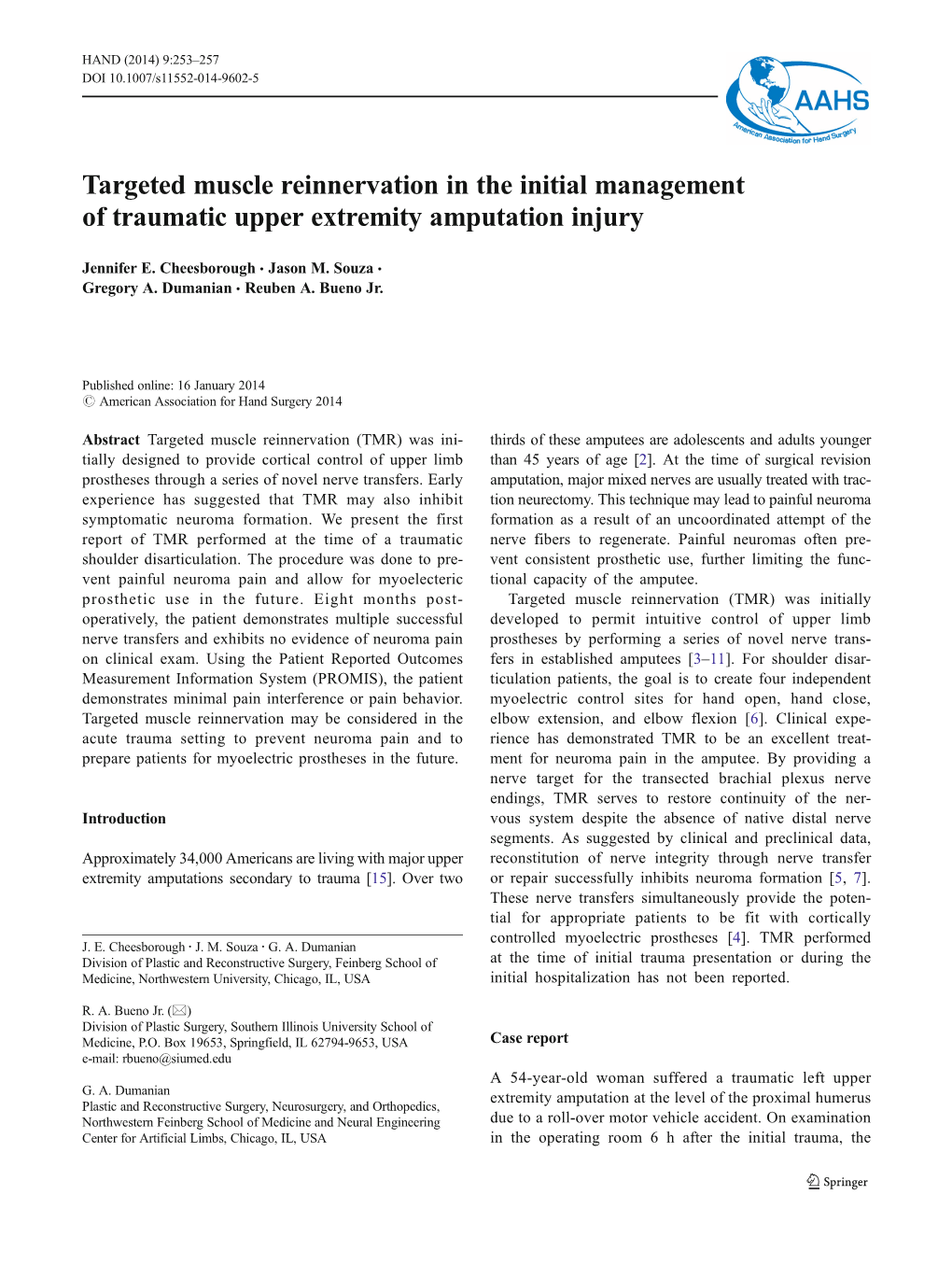 Targeted Muscle Reinnervation in the Initial Management of Traumatic Upper Extremity Amputation Injury