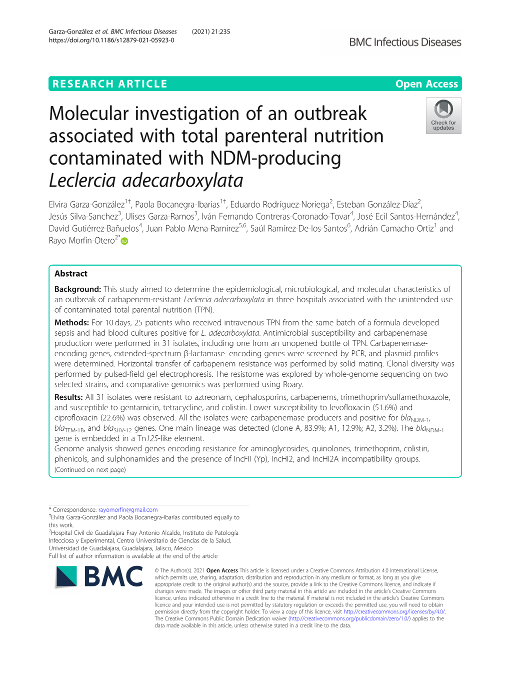 Molecular Investigation of an Outbreak Associated with Total Parenteral Nutrition Contaminated with NDM-Producing Leclercia Adecarboxylata