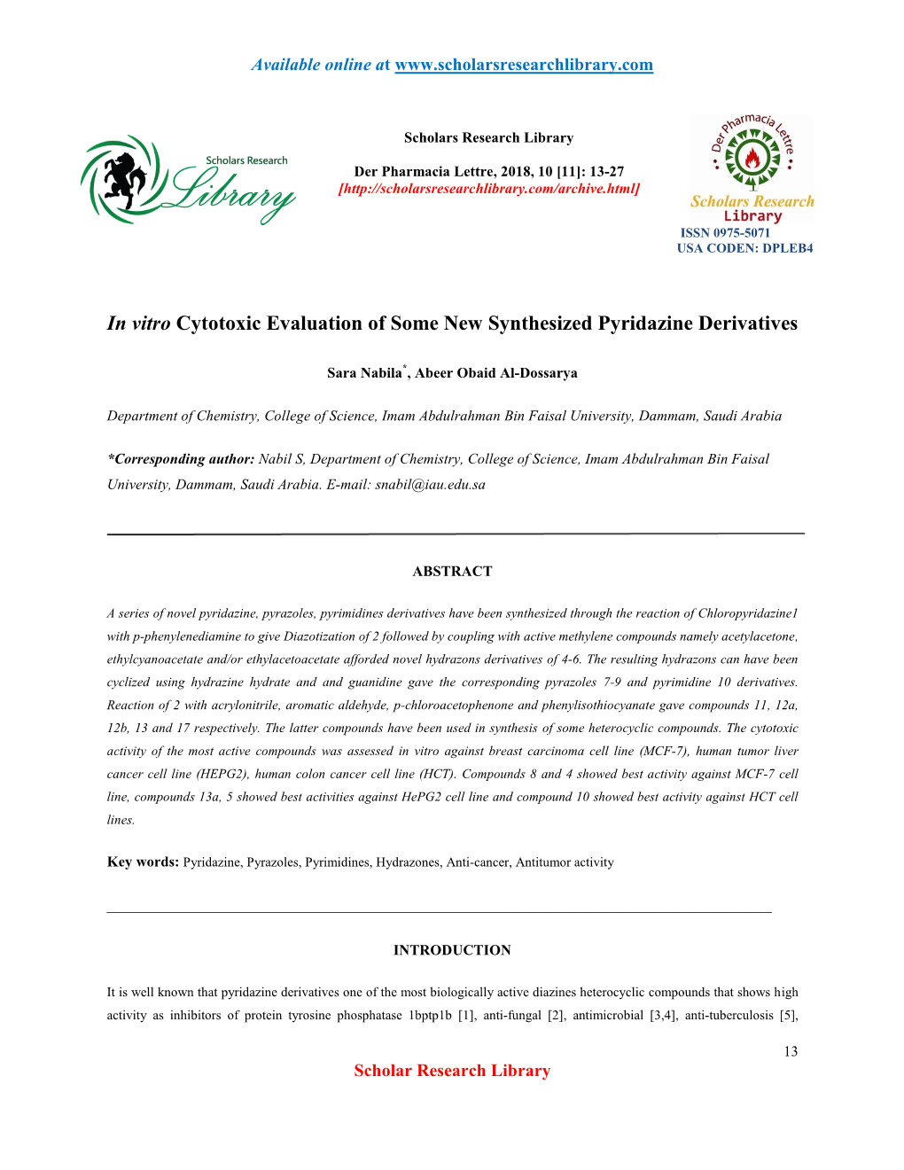 In Vitro Cytotoxic Evaluation of Some New Synthesized Pyridazine Derivatives