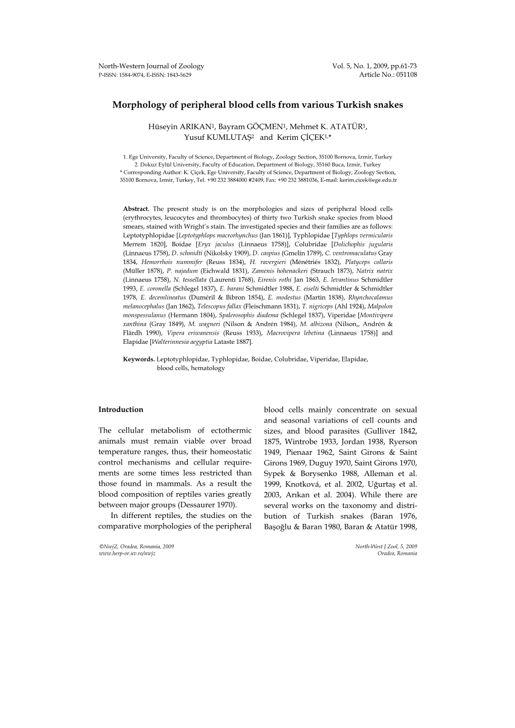 Morphology of Peripheral Blood Cells from Various Turkish Snakes