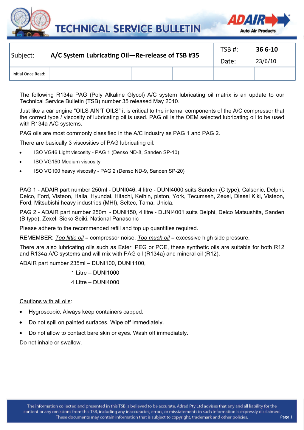 A/C System Lubricang Oil—Re‐Release of TSB #35