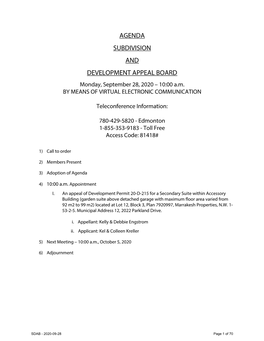 AGENDA SUBDIVISION and DEVELOPMENT APPEAL BOARD Monday, September 28, 2020 – 10:00 A.M