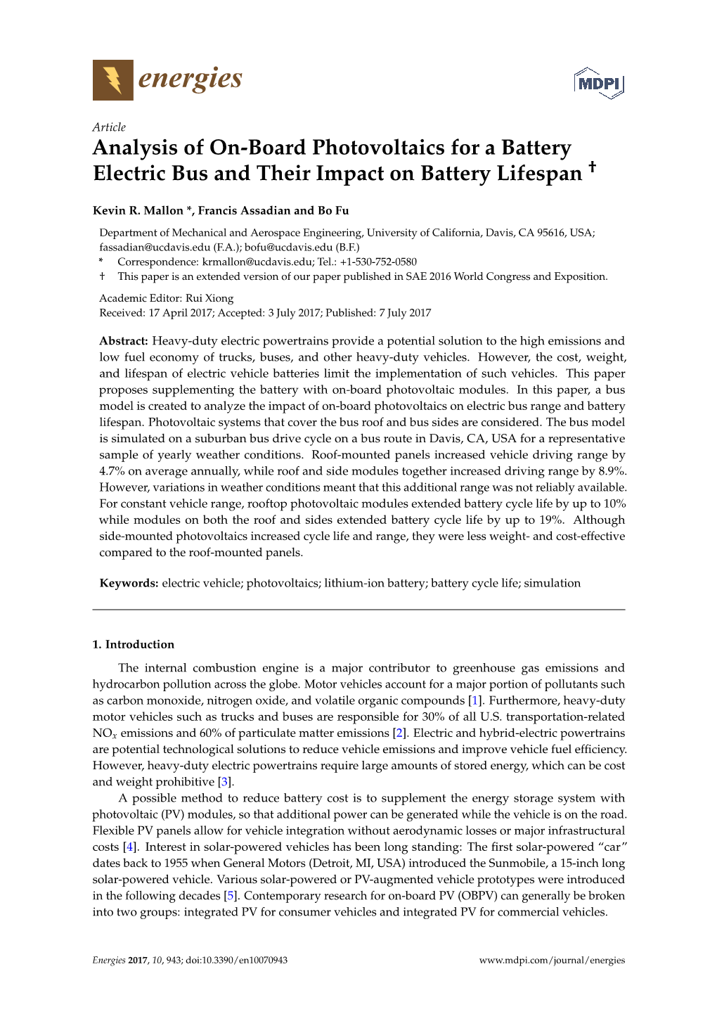 Analysis of On-Board Photovoltaics for a Battery Electric Bus and Their Impact on Battery Lifespan †