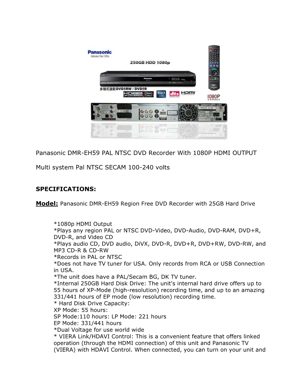 Panasonic DMR-EH59 PAL NTSC DVD Recorder with 1080P HDMI OUTPUT