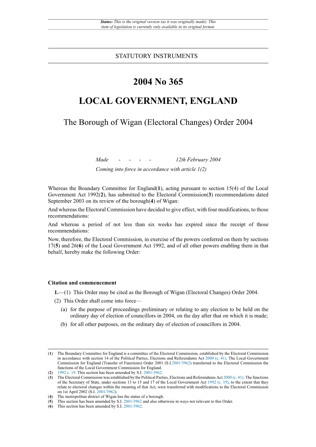 The Borough of Wigan (Electoral Changes) Order 2004