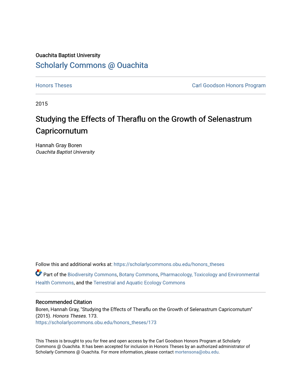 Studying the Effects of Theraflu on the Growth of Selenastrum Capricornutum