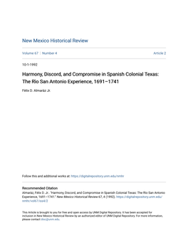 Harmony, Discord, and Compromise in Spanish Colonial Texas: the Rìo San Antonio Experience, 1691–1741