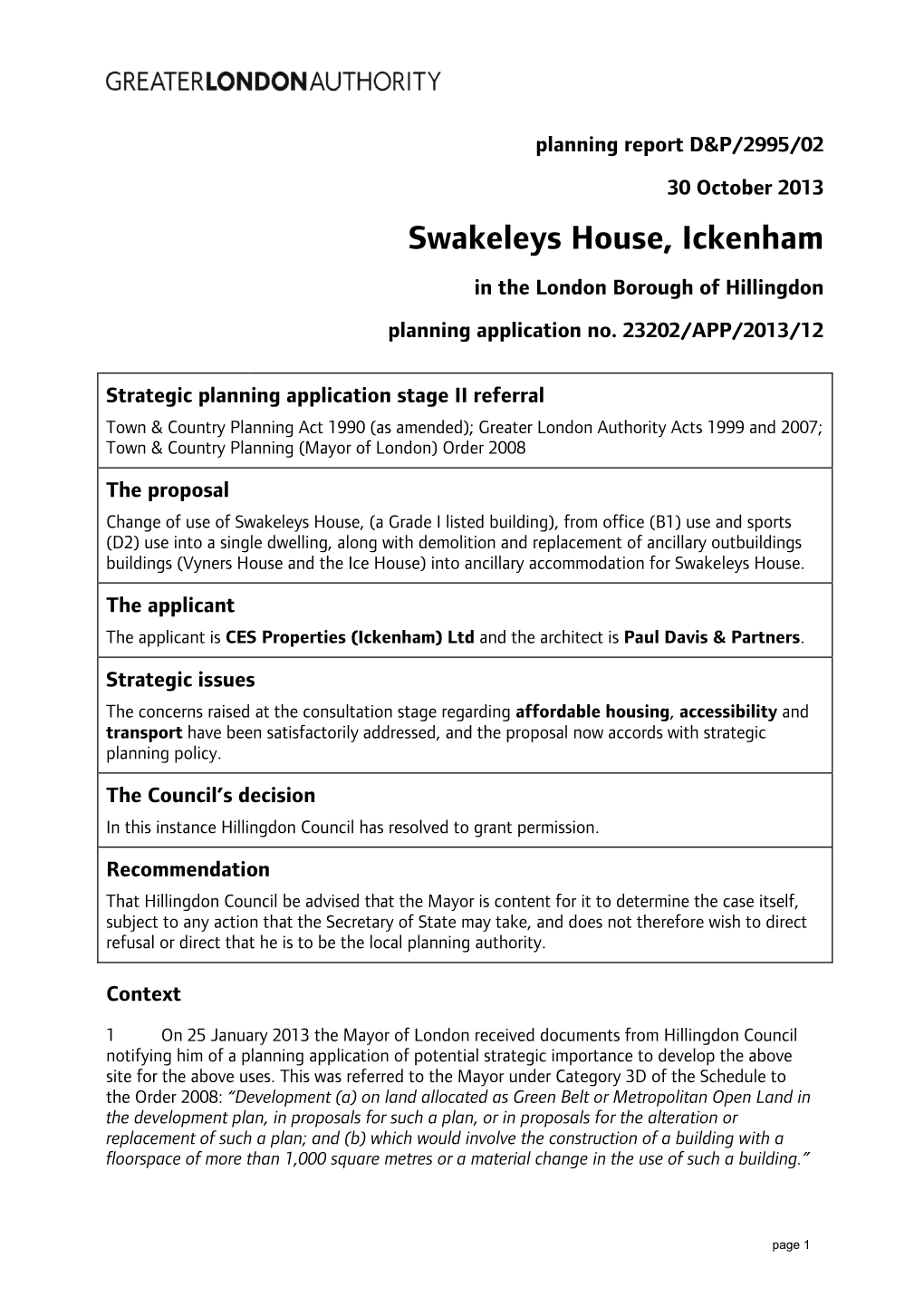Swakeleys House, Ickenham in the London Borough of Hillingdon Planning Application No