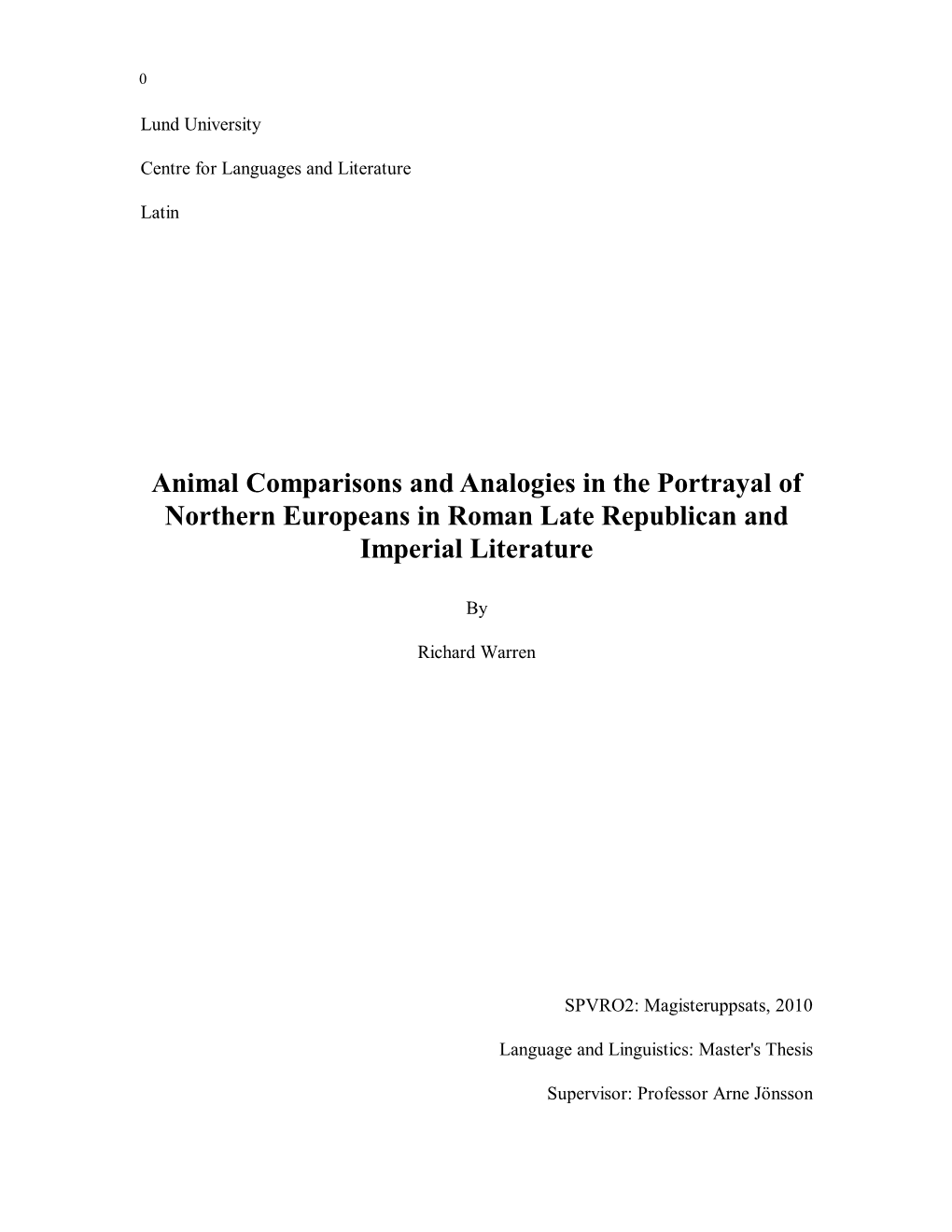 Animal Comparisons and Analogies in the Portrayal of Northern Europeans in Roman Late Republican and Imperial Literature