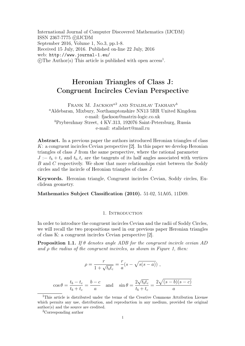 Heronian Triangles of Class J: Congruent Incircles Cevian Perspective