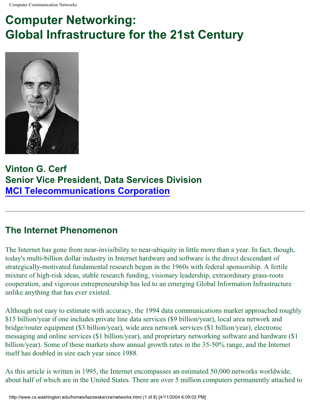 Computer Communication Networks Computer Networking: Global Infrastructure for the 21St Century