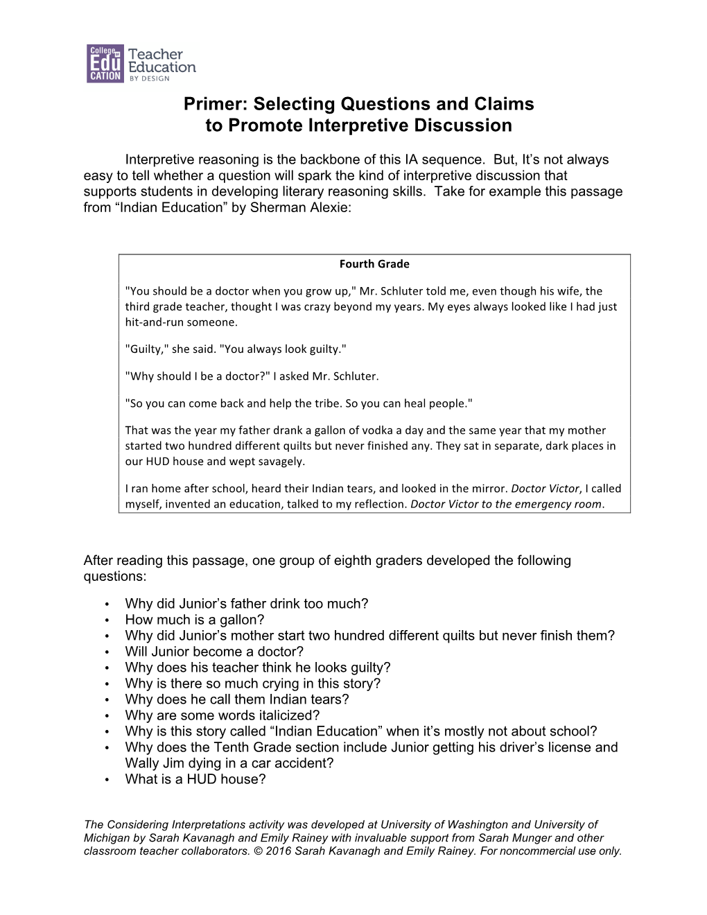 Primer: Selecting Questions and Claims to Promote Interpretive Discussion