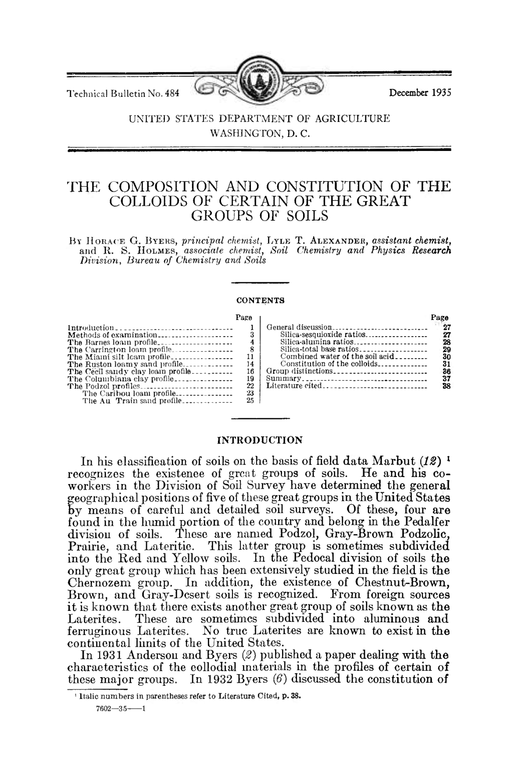 The Composition and Constitution of the Colloids of Certain of the Great Groups of Soils