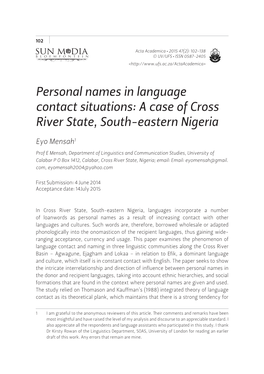 Personal Names in Language Contact Situations: a Case of Cross River State, South-Eastern Nigeria