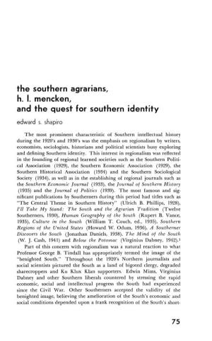 The Southern Agrarians, H. I. Mencken, and the Quest for Southern Identity 75